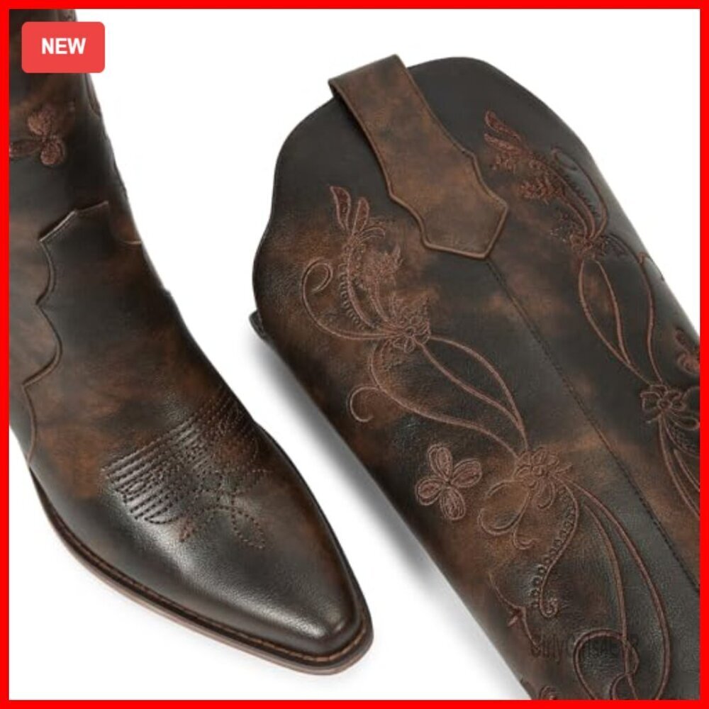 Knee High Western Boots Floral Embroidery Pointed Toe Block Heel Pull On - Picture 2 of 7